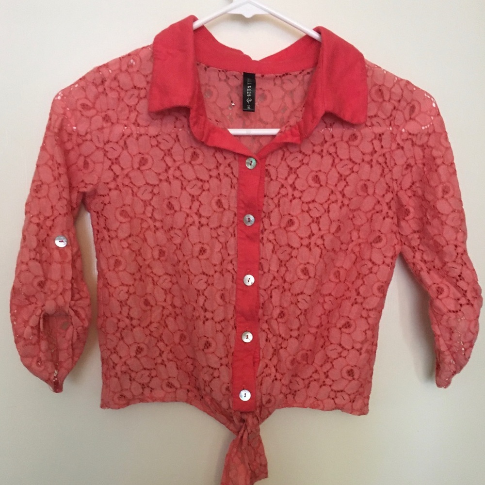 Girls Fulltilt Coral Lace Button Up Tie Top